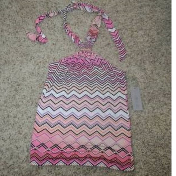 Womens Halter Top Jennifer Lopez Small Pink Zig Zag Satiny Stretch Gold Accents - Picture 2 of 5